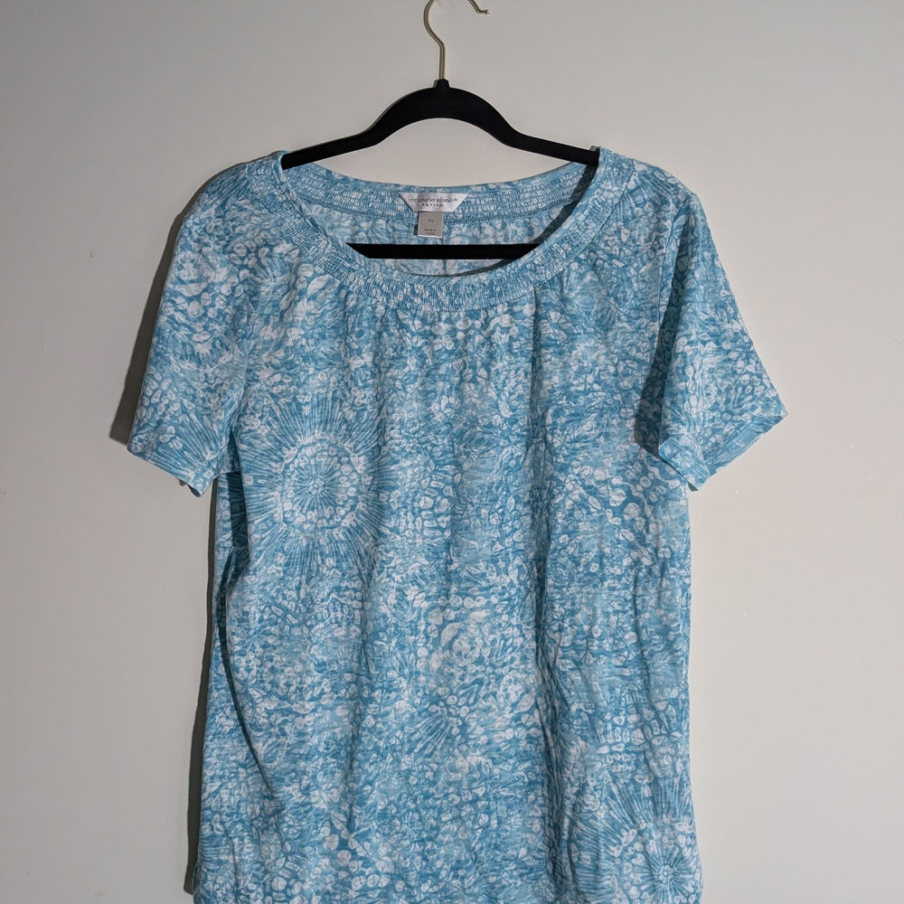 Christopher & Banks Teal Patterned Short Sleeve Top